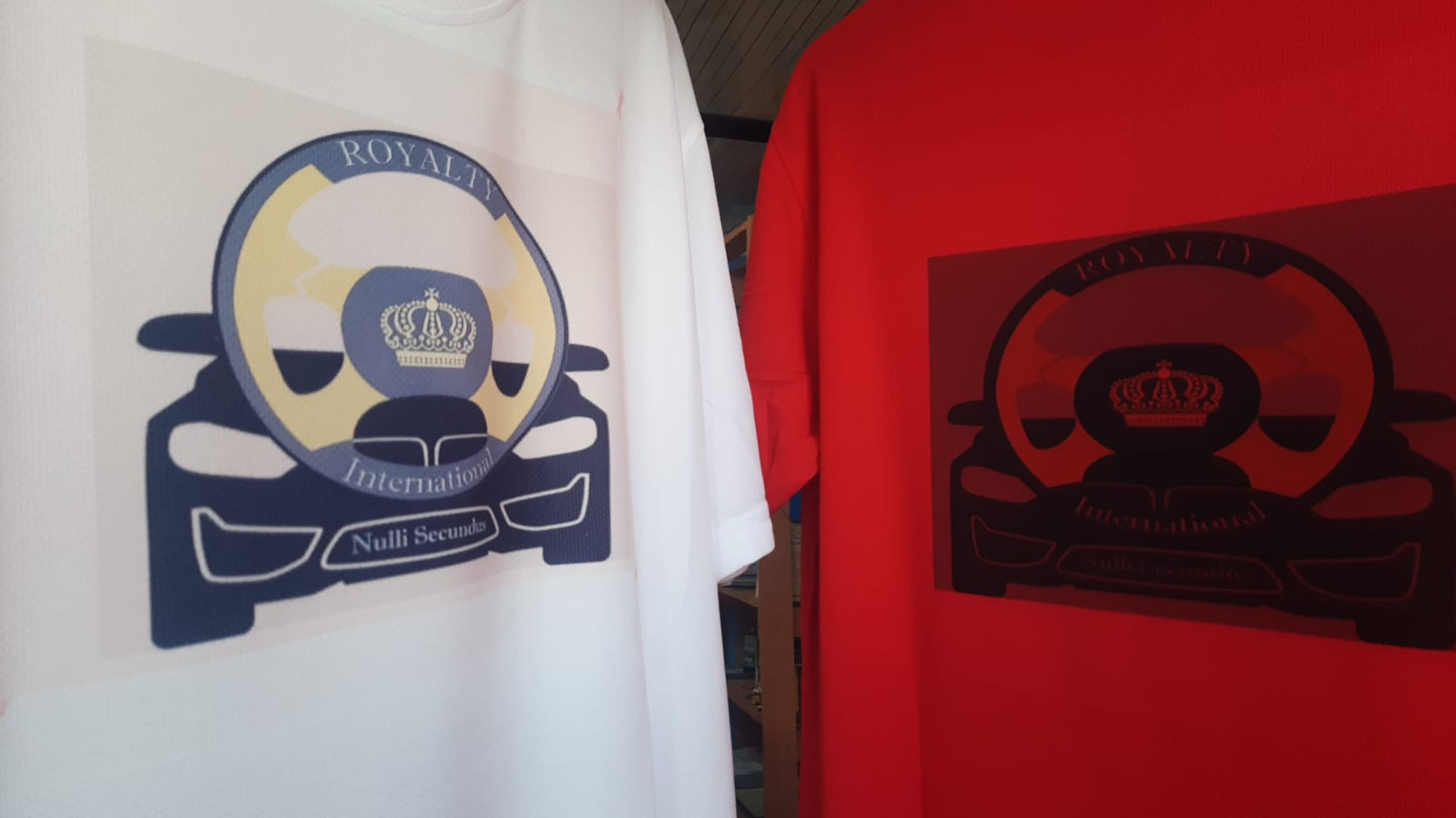 Royalty International logo t-shirts in white and red